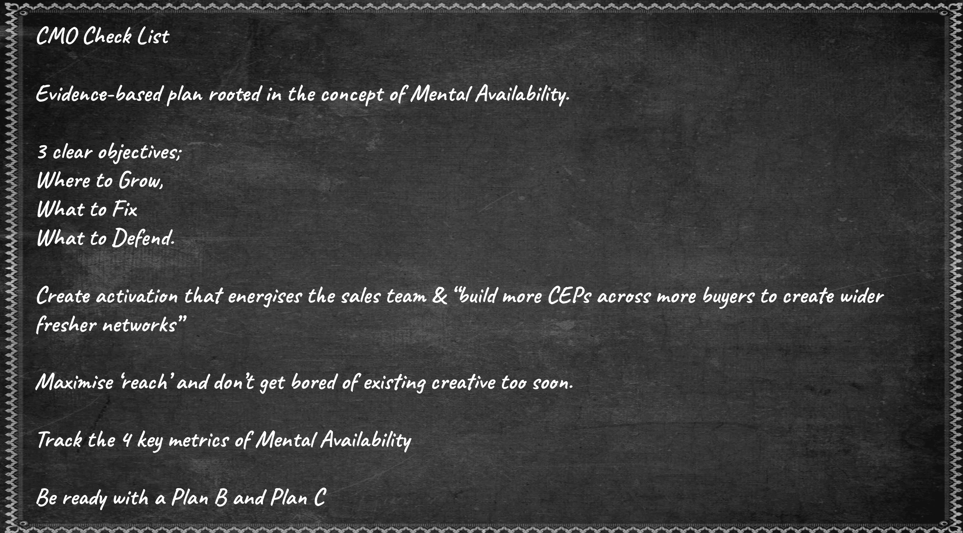CMO Check List - Evidence-based plan rooted in the concept of Mental Availability