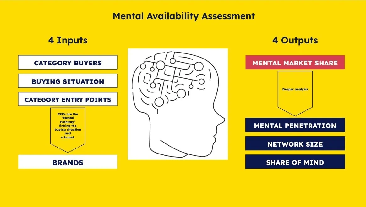 Visual representation of mental availability assessment with categories for buyers, buying situation, entry points, and brands, highlighting mental market share, penetration, network size, and share o.