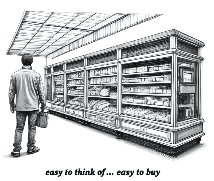 Refrigerated display case showcasing fresh produce and groceries at a retail store.