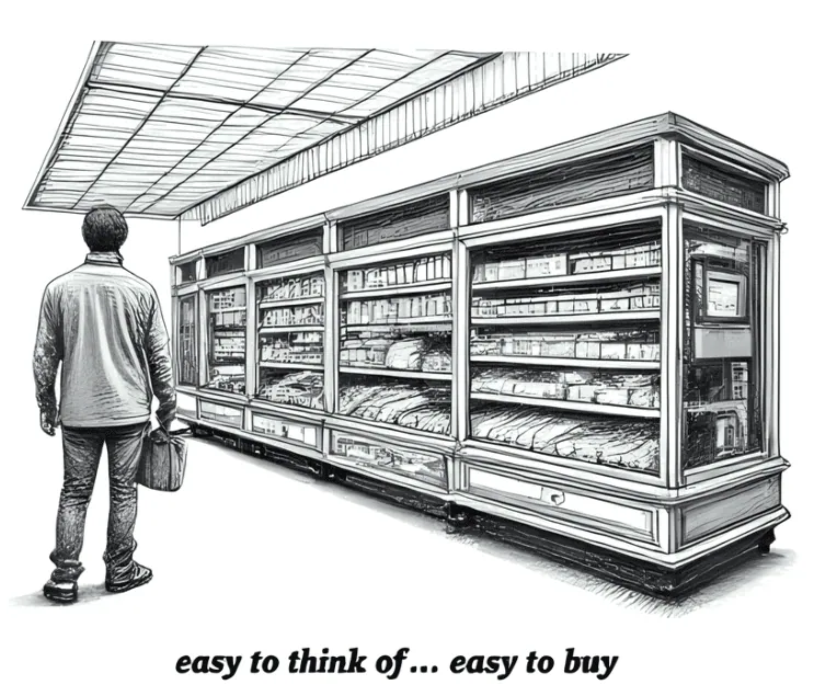 Refrigerated display case showcasing fresh produce and groceries at a retail store.