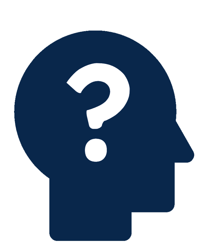 Silhouette of a human head with a question mark inside, representing curiosity or unknown concepts.