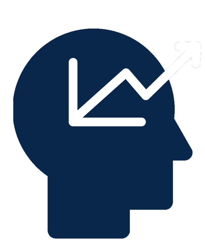 Silhouette of a human head with an upward trending graph inside, symbolizing strategic growth and business success.