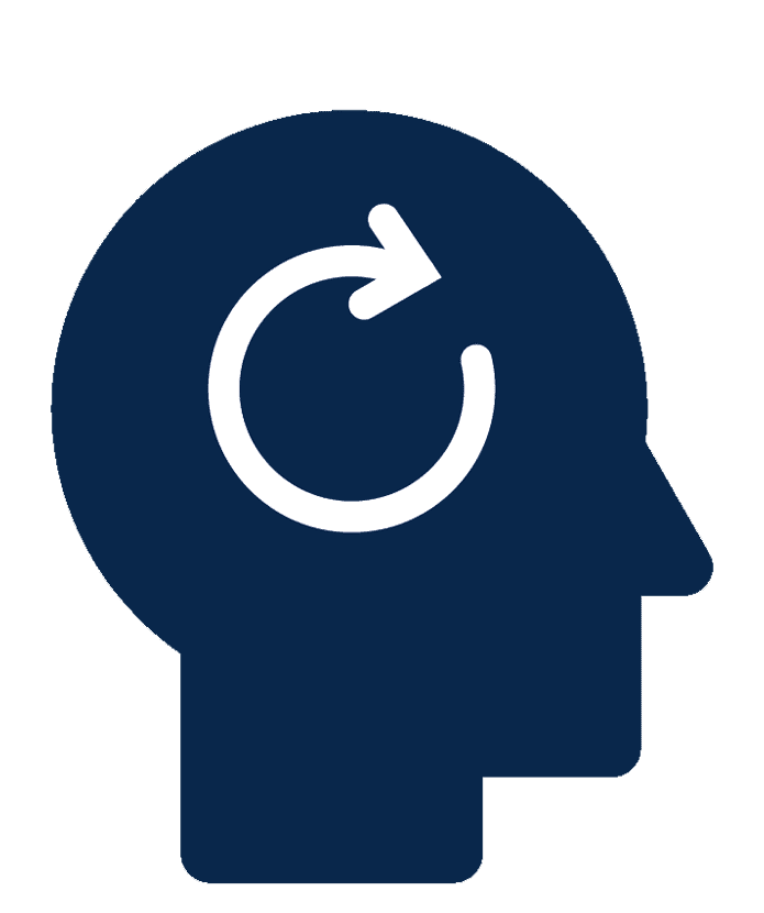 Silhouette of a human head with a circular arrow inside, symbolizing memory and brand recall in marketing strategies.