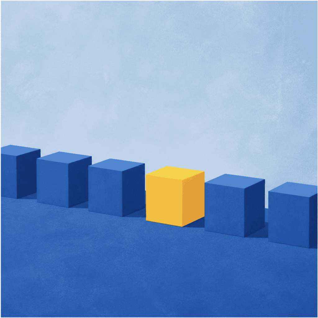 Yellow square amongst a row of blue squares to capture the idea of Product Differentiation