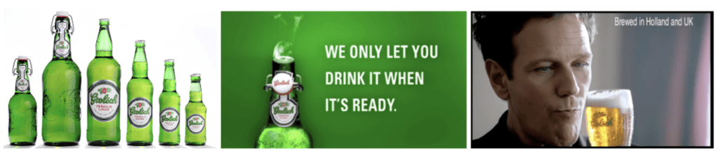 Examples of Grolsch consistently using its Distinctive Brand Assets.