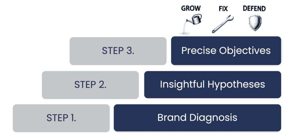 Infographic showing the three steps from Brand Diagnosis to Precise Objectives.