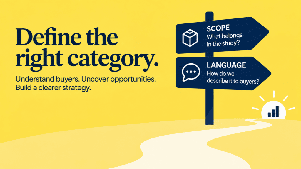 Category Definition is made easier by connection two decisions. Image shows the signposts that capture "Scope" and "Language".